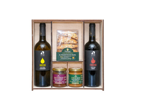 Cassetta regalo - 2 bottiglie di vino, nocciole e creme